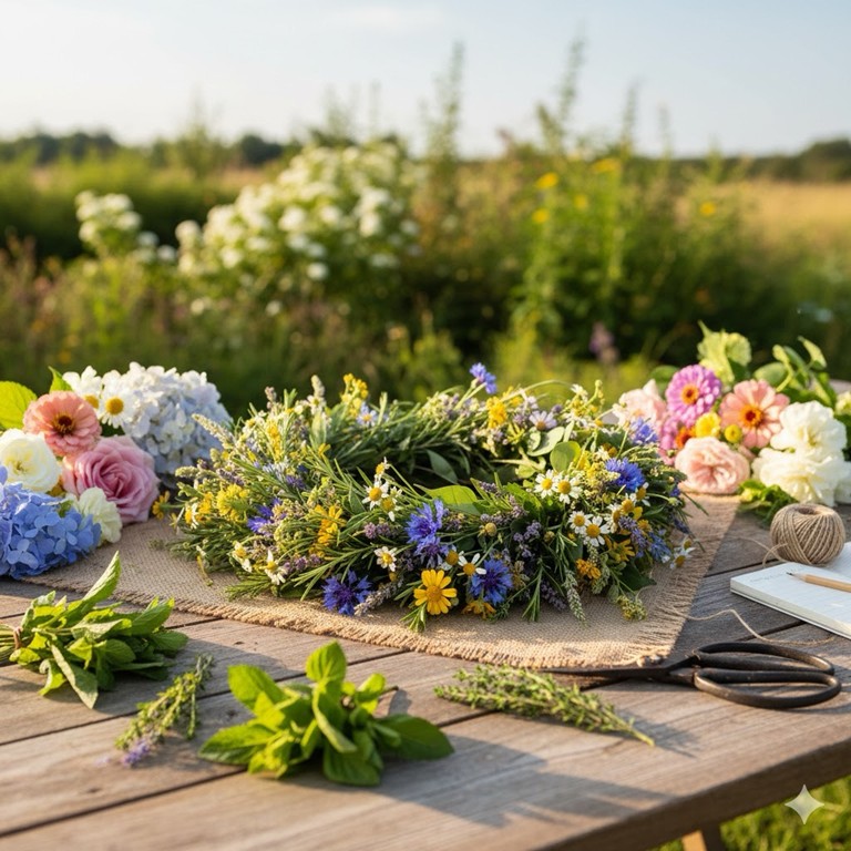 Créations florales : couronnes de fleurs de saison et d'herbes aromatiques